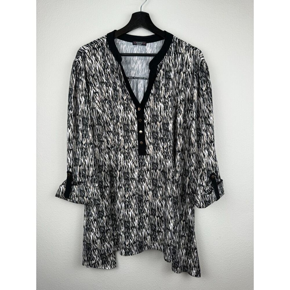 Cocomo Top Womens Size 3X? Tan Black 3/4 Roll Tab Sleeve Artsy Button Career